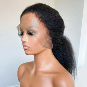 Kinky Straight 180% Density Black Color Yaki Lace Front Wig For Black Women With Baby hair Synthetic Heat Temperature Glueless