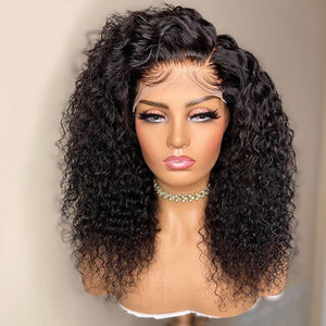 Black Medium Long Kinky Curly Middle Part Synthetic Lace Front Wigs for Woman With Babyhair Soft Heat Resistant Fiber Daily Wigs